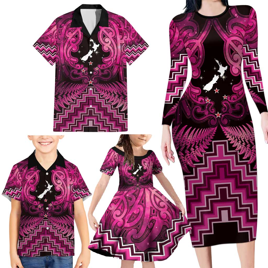 Personalised Aotearoa Matariki Family Matching Long Sleeve Bodycon Dress and Hawaiian Shirt Pink Fern Maori Poutama