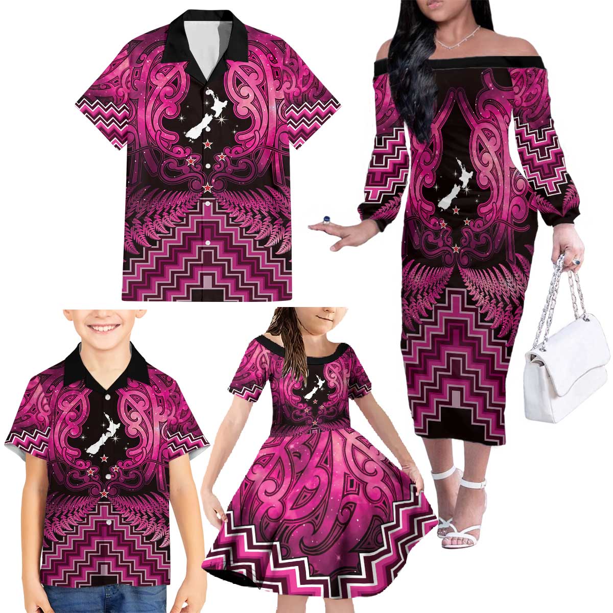 Personalised Aotearoa Matariki Family Matching Off The Shoulder Long Sleeve Dress and Hawaiian Shirt Pink Fern Maori Poutama