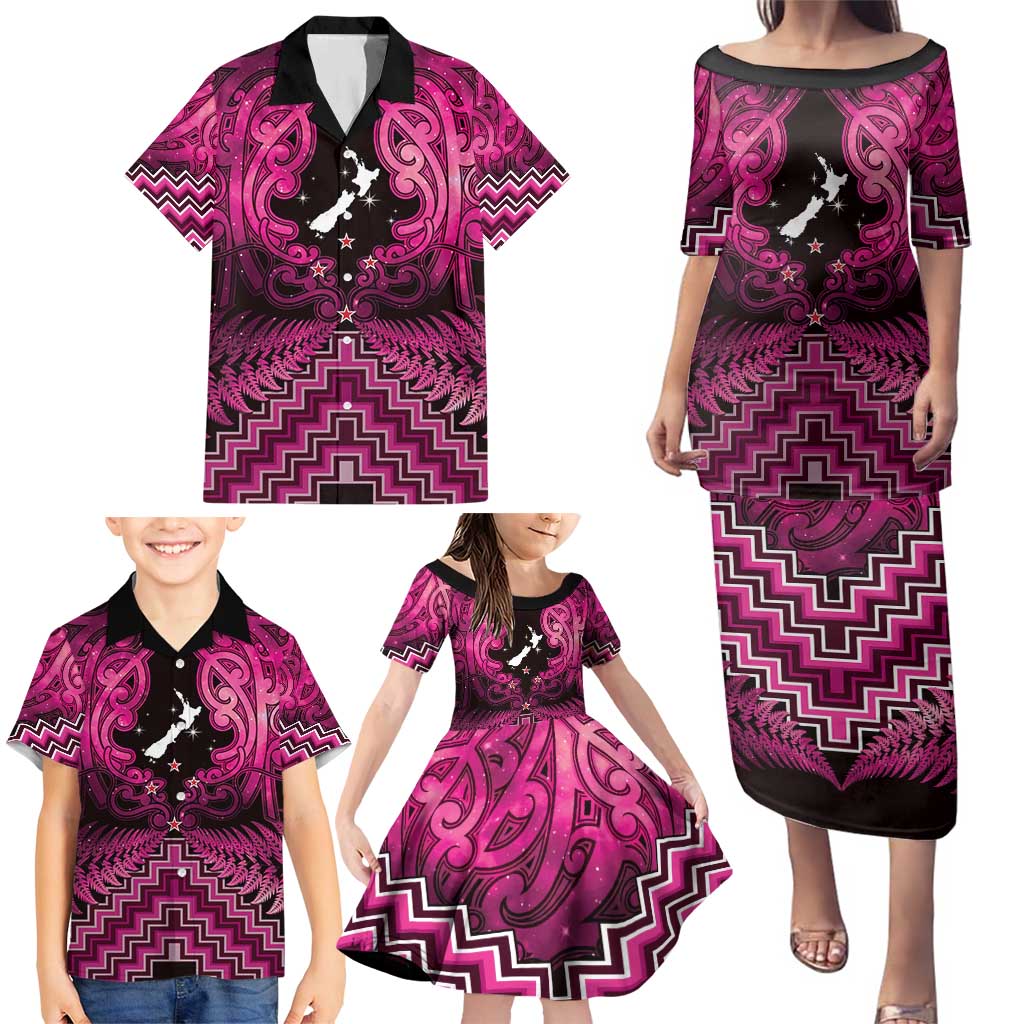Personalised Aotearoa Matariki Family Matching Puletasi and Hawaiian Shirt Pink Fern Maori Poutama