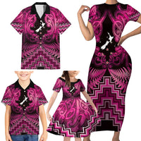 Personalised Aotearoa Matariki Family Matching Short Sleeve Bodycon Dress and Hawaiian Shirt Pink Fern Maori Poutama