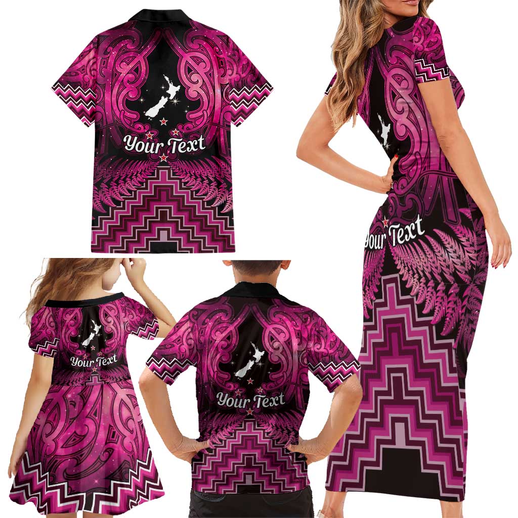 Personalised Aotearoa Matariki Family Matching Short Sleeve Bodycon Dress and Hawaiian Shirt Pink Fern Maori Poutama