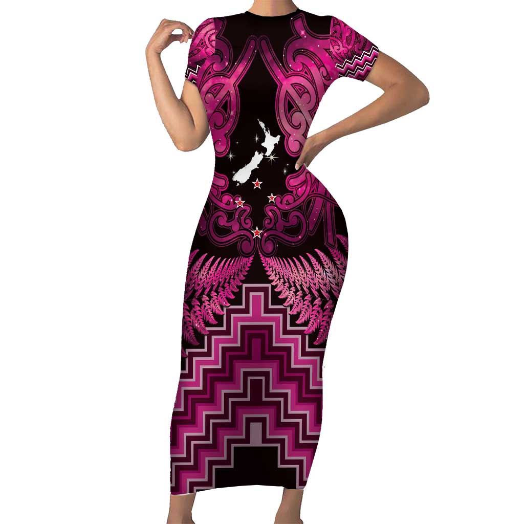 Personalised Aotearoa Matariki Family Matching Short Sleeve Bodycon Dress and Hawaiian Shirt Pink Fern Maori Poutama