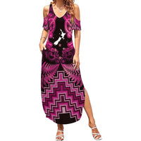 Personalised Aotearoa Matariki Family Matching Summer Maxi Dress and Hawaiian Shirt Pink Fern Maori Poutama