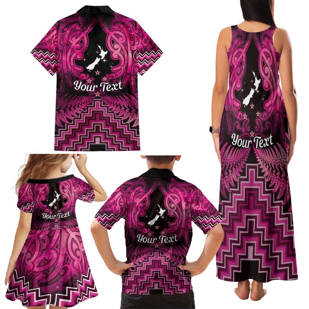 Personalised Aotearoa Matariki Family Matching Tank Maxi Dress and Hawaiian Shirt Pink Fern Maori Poutama