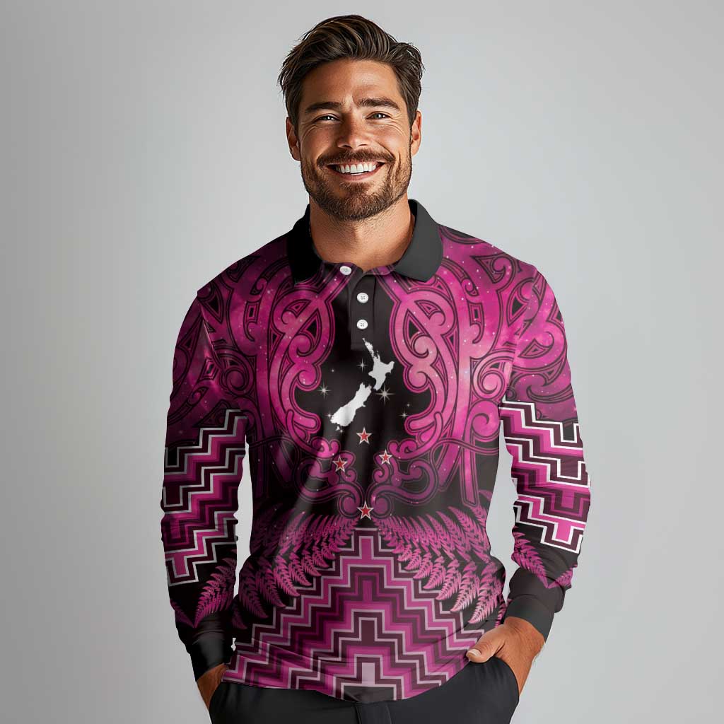 Personalised Aotearoa Matariki Long Sleeve Polo Shirt Pink Fern Maori Poutama