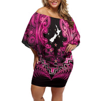 Personalised Aotearoa Matariki Off Shoulder Short Dress Pink Fern Maori Poutama