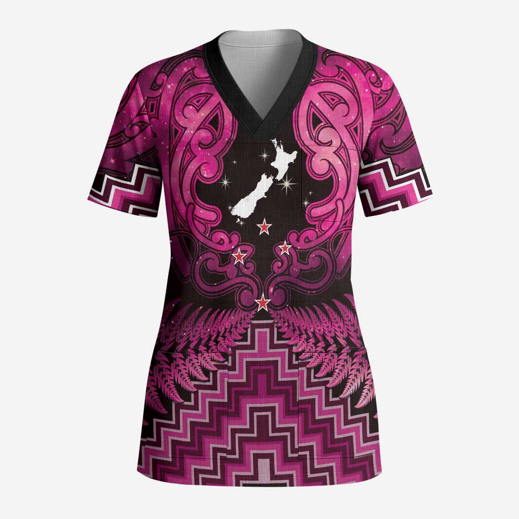 Personalised Aotearoa Matariki Scrub Top Pink Fern Maori Poutama - Polynesian Pride