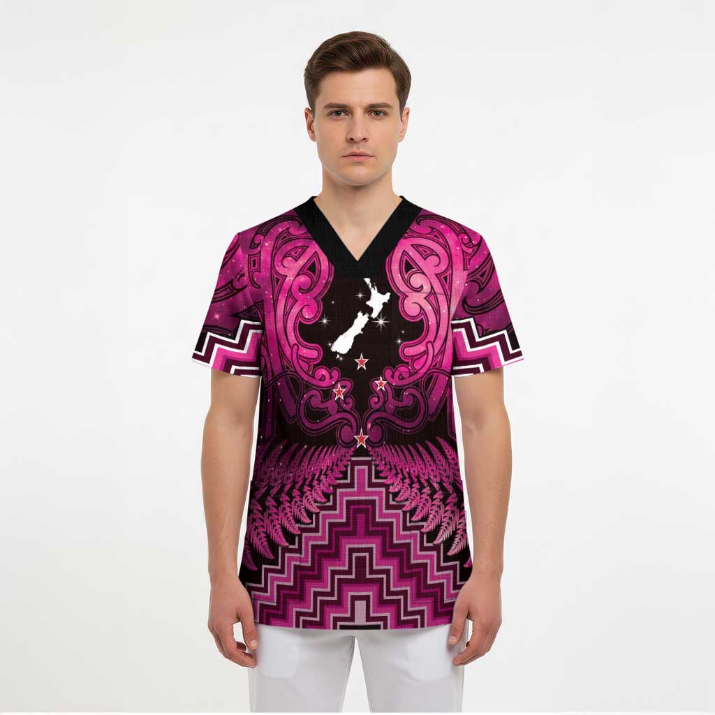 Personalised Aotearoa Matariki Scrub Top Pink Fern Maori Poutama - Polynesian Pride