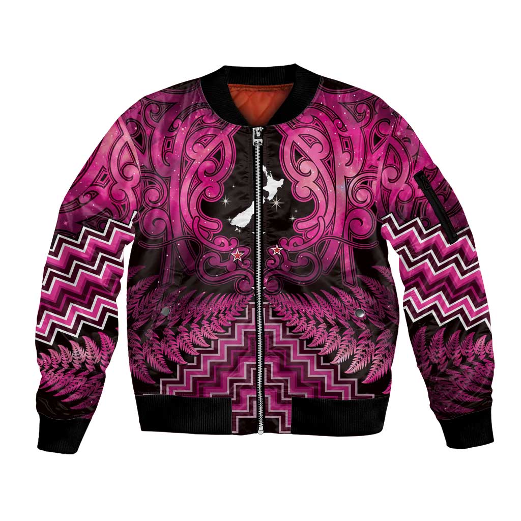 Personalised Aotearoa Matariki Sleeve Zip Bomber Jacket Pink Fern Maori Poutama