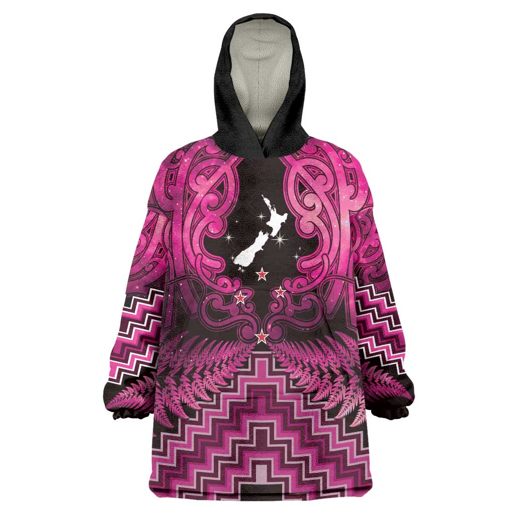 Personalised Aotearoa Matariki Wearable Blanket Hoodie Pink Fern Maori Poutama