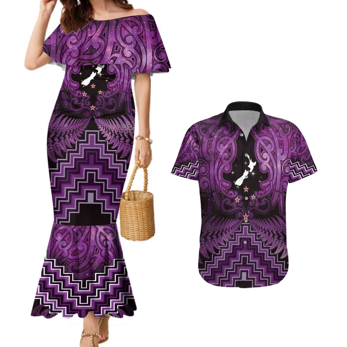 Personalised Aotearoa Matariki Couples Matching Mermaid Dress and Hawaiian Shirt Purple Fern Maori Poutama