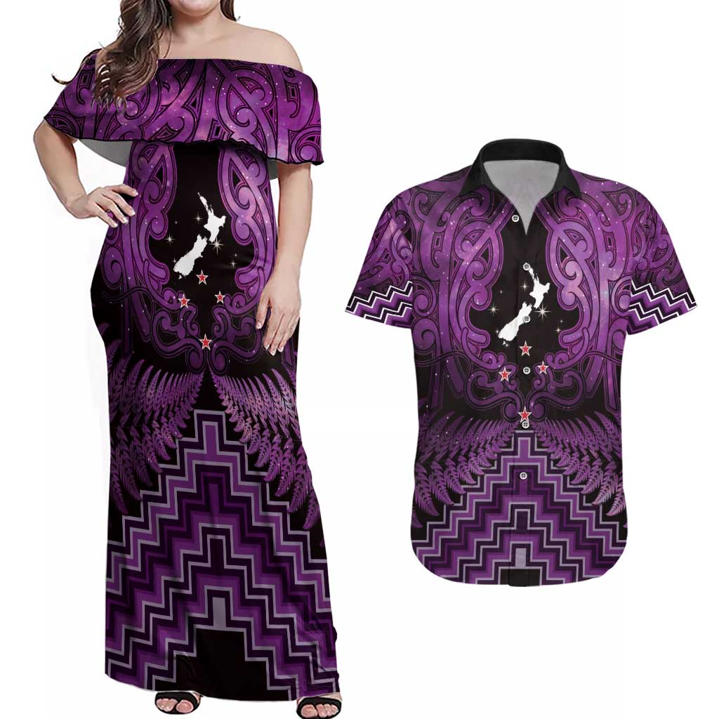 Personalised Aotearoa Matariki Couples Matching Off Shoulder Maxi Dress and Hawaiian Shirt Purple Fern Maori Poutama