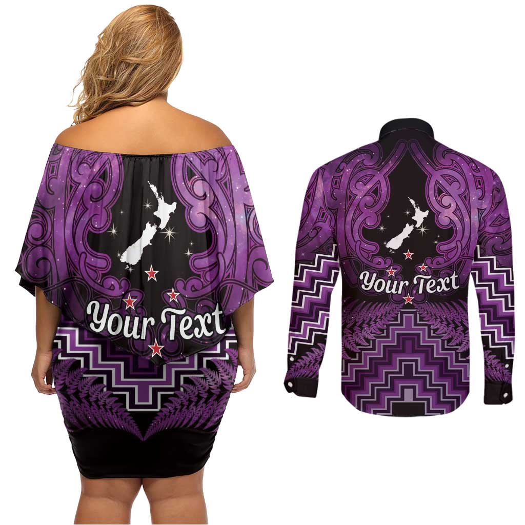 Personalised Aotearoa Matariki Couples Matching Off Shoulder Short Dress and Long Sleeve Button Shirt Purple Fern Maori Poutama