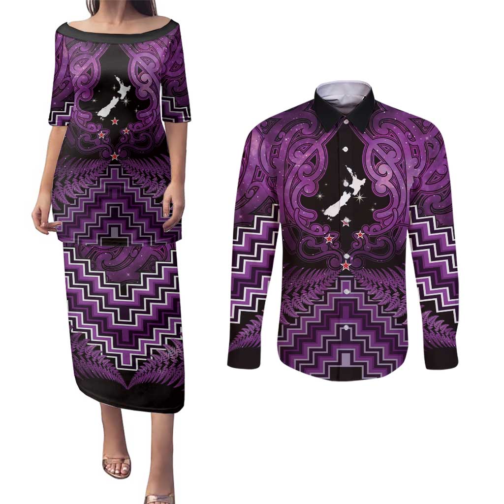 Personalised Aotearoa Matariki Couples Matching Puletasi and Long Sleeve Button Shirt Purple Fern Maori Poutama