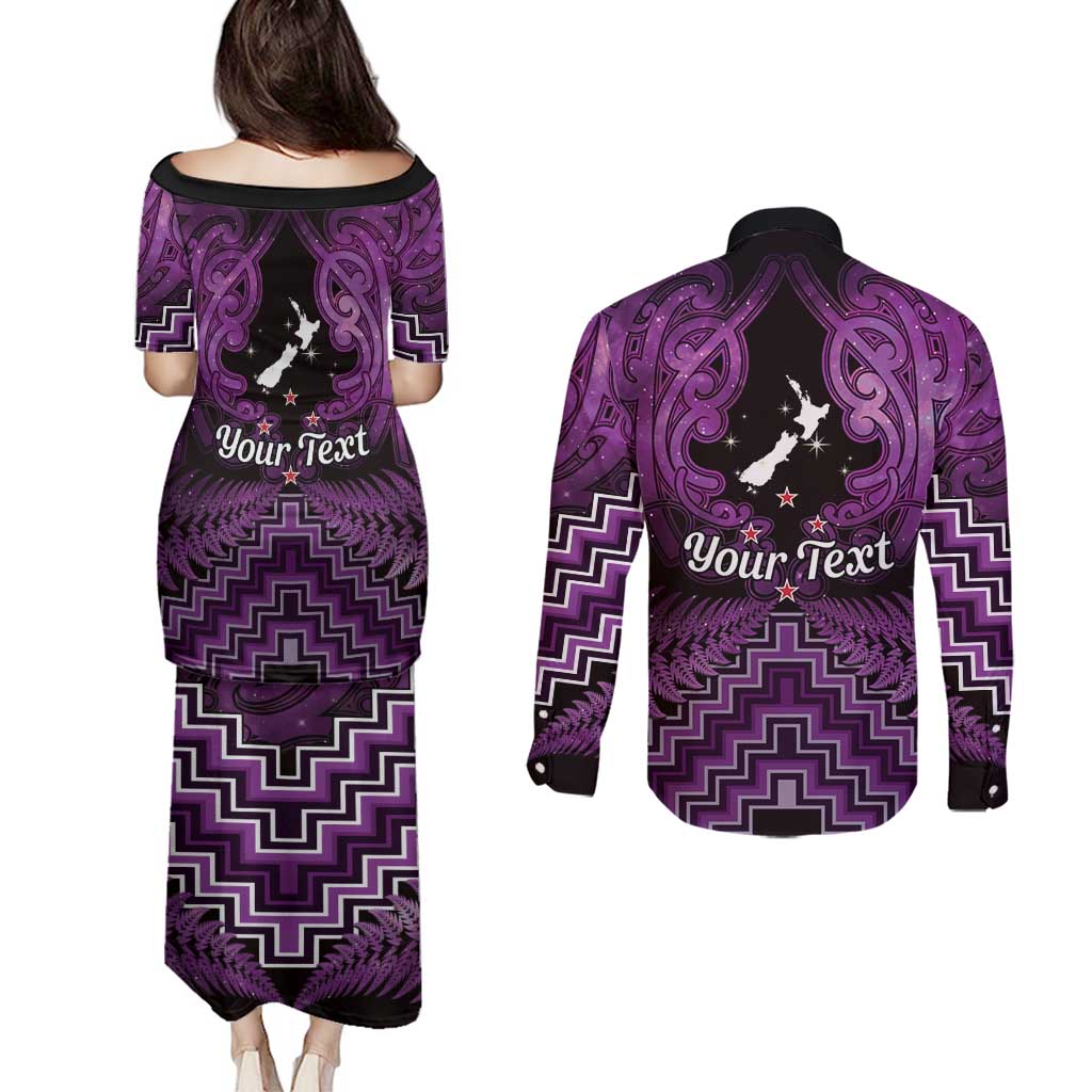 Personalised Aotearoa Matariki Couples Matching Puletasi and Long Sleeve Button Shirt Purple Fern Maori Poutama