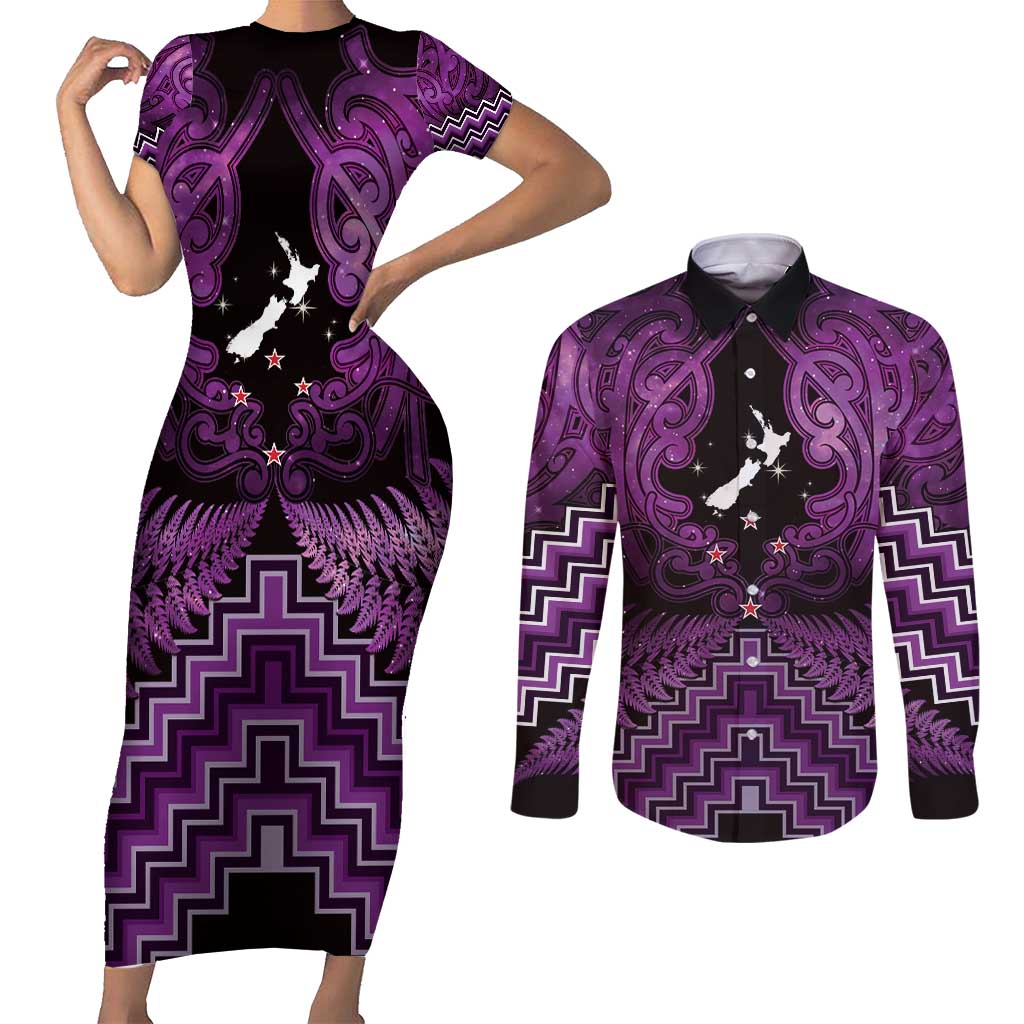 Personalised Aotearoa Matariki Couples Matching Short Sleeve Bodycon Dress and Long Sleeve Button Shirt Purple Fern Maori Poutama