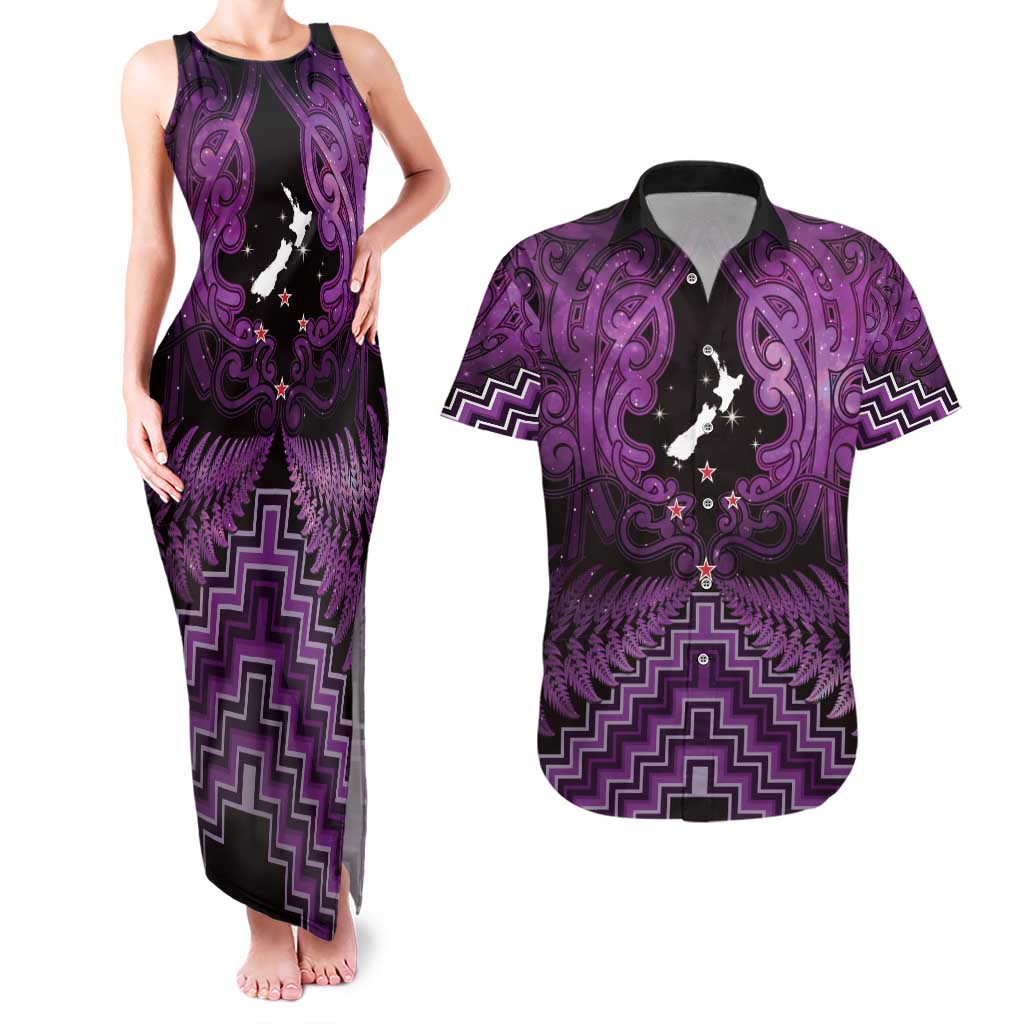 Personalised Aotearoa Matariki Couples Matching Tank Maxi Dress and Hawaiian Shirt Purple Fern Maori Poutama