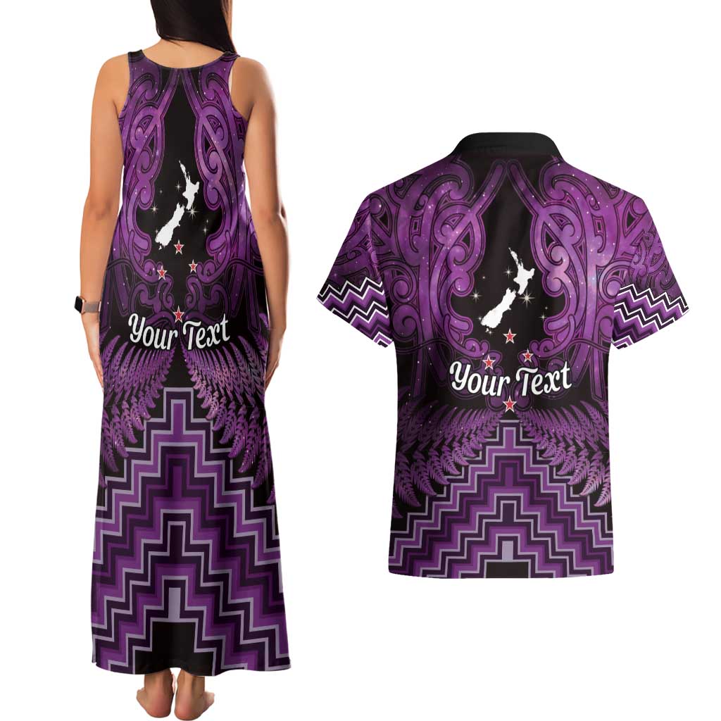 Personalised Aotearoa Matariki Couples Matching Tank Maxi Dress and Hawaiian Shirt Purple Fern Maori Poutama