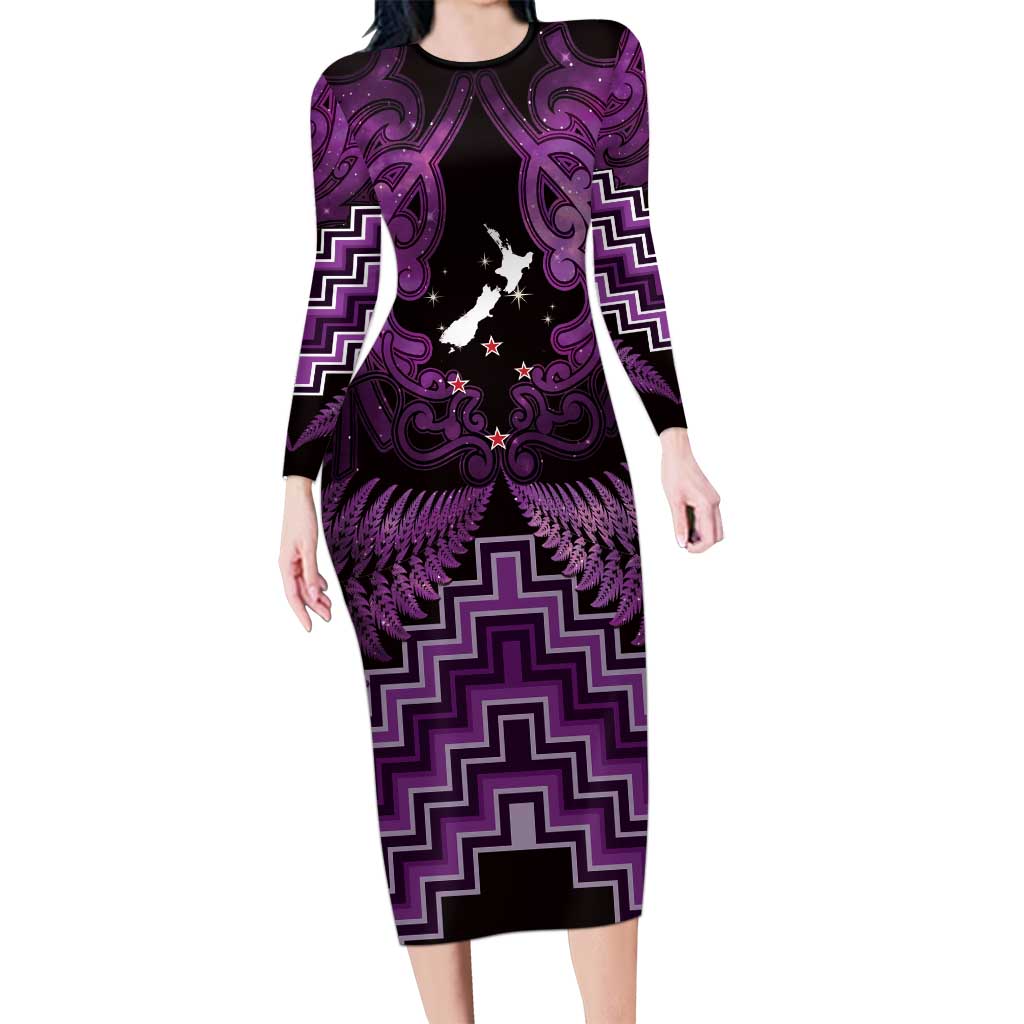 Personalised Aotearoa Matariki Family Matching Long Sleeve Bodycon Dress and Hawaiian Shirt Purple Fern Maori Poutama
