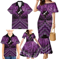 Personalised Aotearoa Matariki Family Matching Mermaid Dress and Hawaiian Shirt Purple Fern Maori Poutama