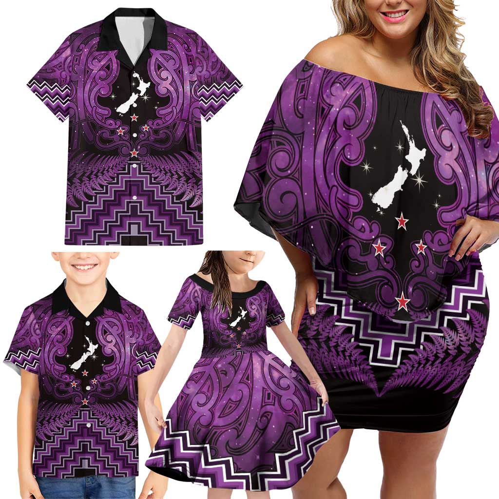 Personalised Aotearoa Matariki Family Matching Off Shoulder Short Dress and Hawaiian Shirt Purple Fern Maori Poutama