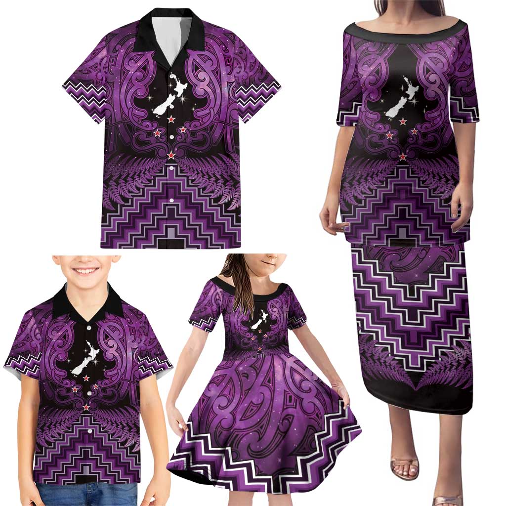 Personalised Aotearoa Matariki Family Matching Puletasi and Hawaiian Shirt Purple Fern Maori Poutama