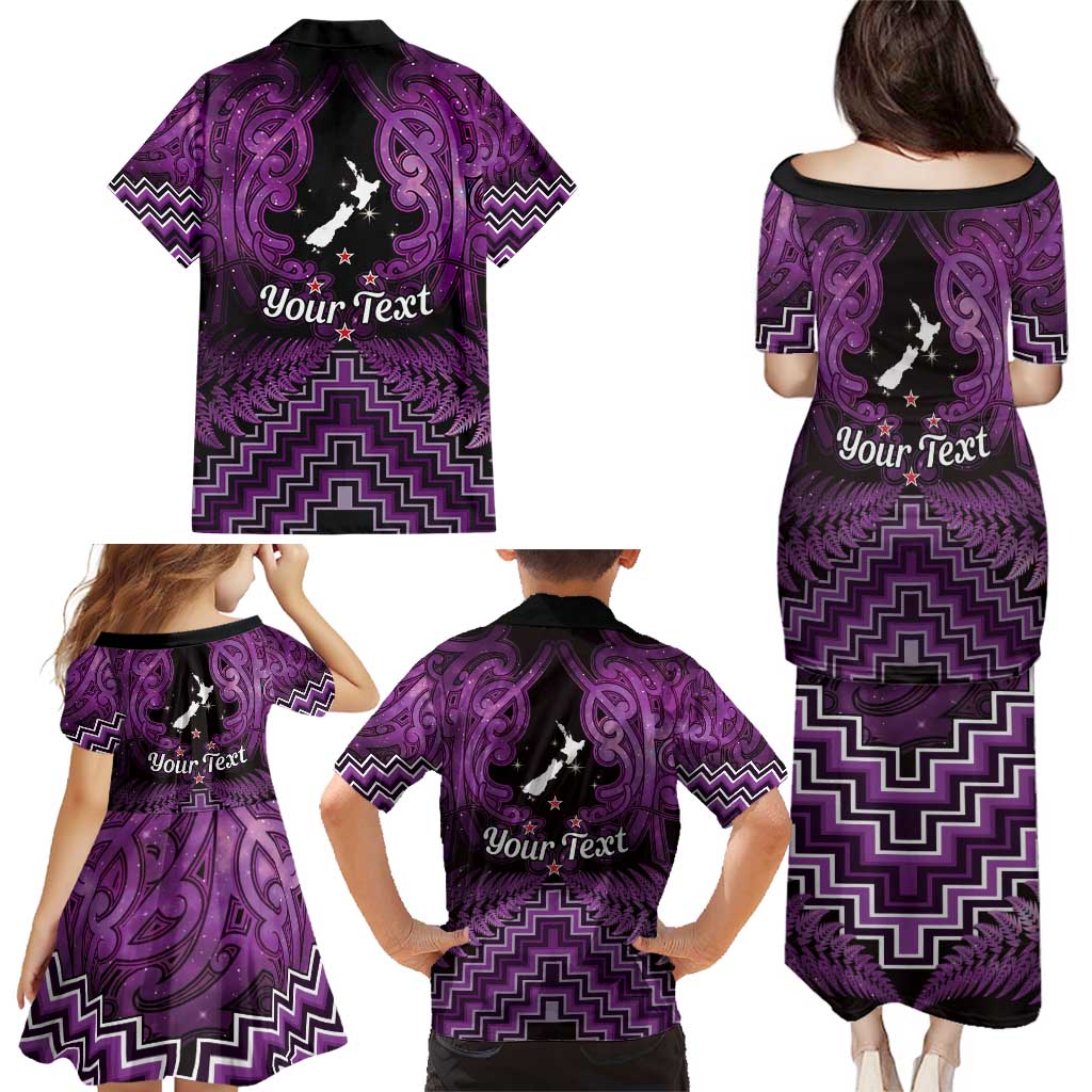 Personalised Aotearoa Matariki Family Matching Puletasi and Hawaiian Shirt Purple Fern Maori Poutama