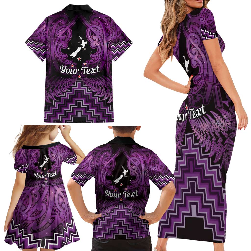 Personalised Aotearoa Matariki Family Matching Short Sleeve Bodycon Dress and Hawaiian Shirt Purple Fern Maori Poutama