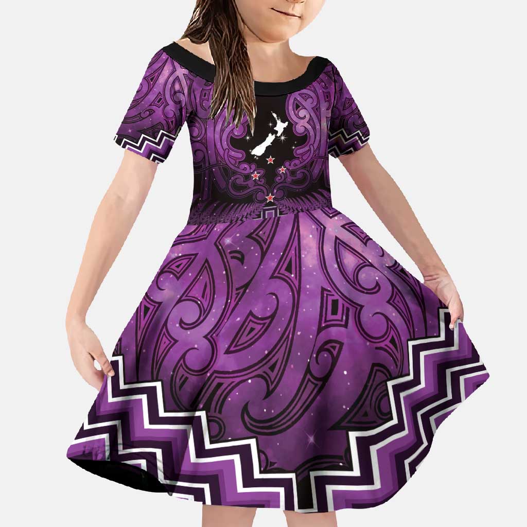 Personalised Aotearoa Matariki Family Matching Summer Maxi Dress and Hawaiian Shirt Purple Fern Maori Poutama