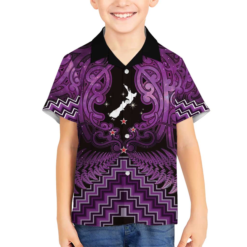 Personalised Aotearoa Matariki Kid Hawaiian Shirt Purple Fern Maori Poutama