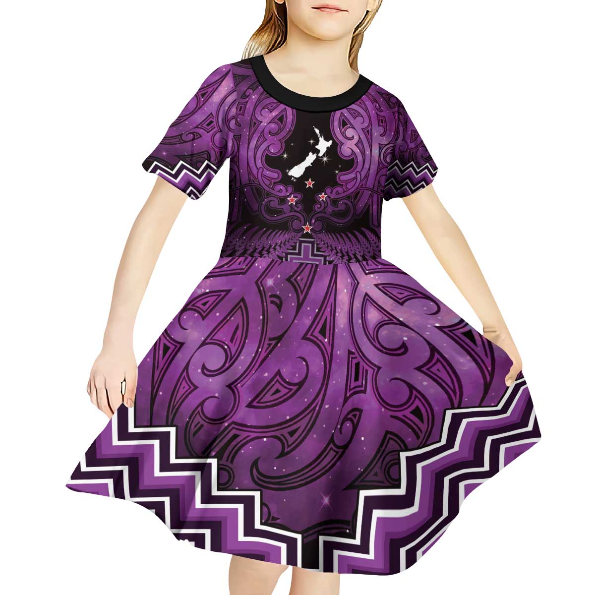 Personalised Aotearoa Matariki Kid Short Sleeve Dress Purple Fern Maori Poutama