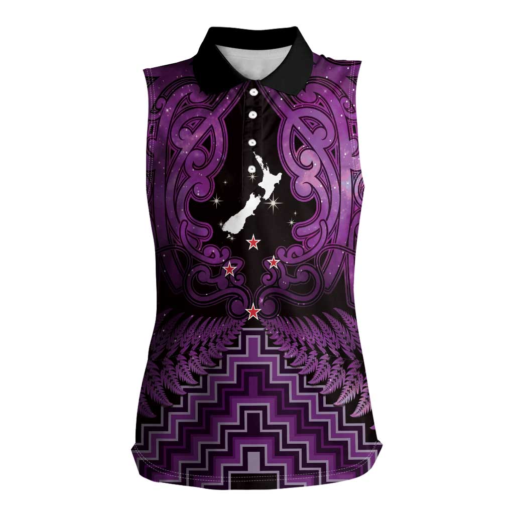 Personalised Aotearoa Matariki Women Sleeveless Polo Shirt Purple Fern Maori Poutama
