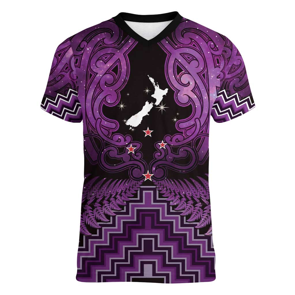 Personalised Aotearoa Matariki Women V-Neck T-Shirt Purple Fern Maori Poutama