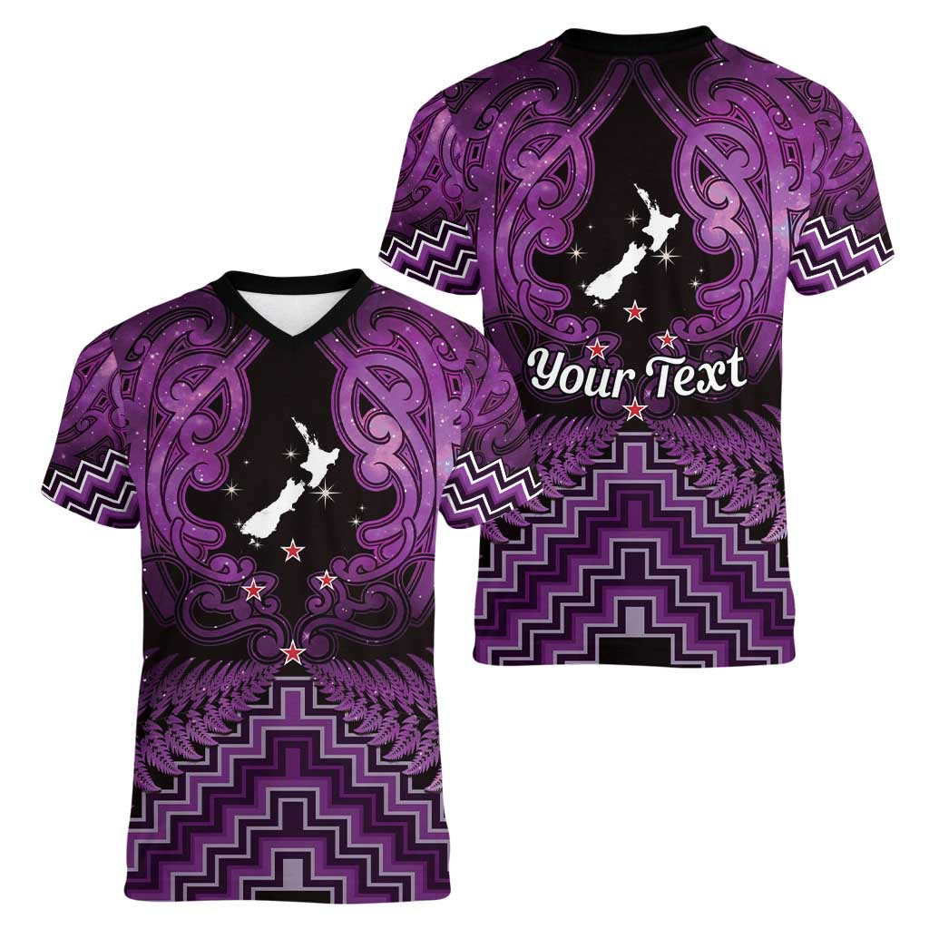 Personalised Aotearoa Matariki Women V-Neck T-Shirt Purple Fern Maori Poutama