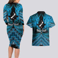 Personalised Aotearoa Matariki Couples Matching Long Sleeve Bodycon Dress and Hawaiian Shirt Turquoise Fern Maori Poutama
