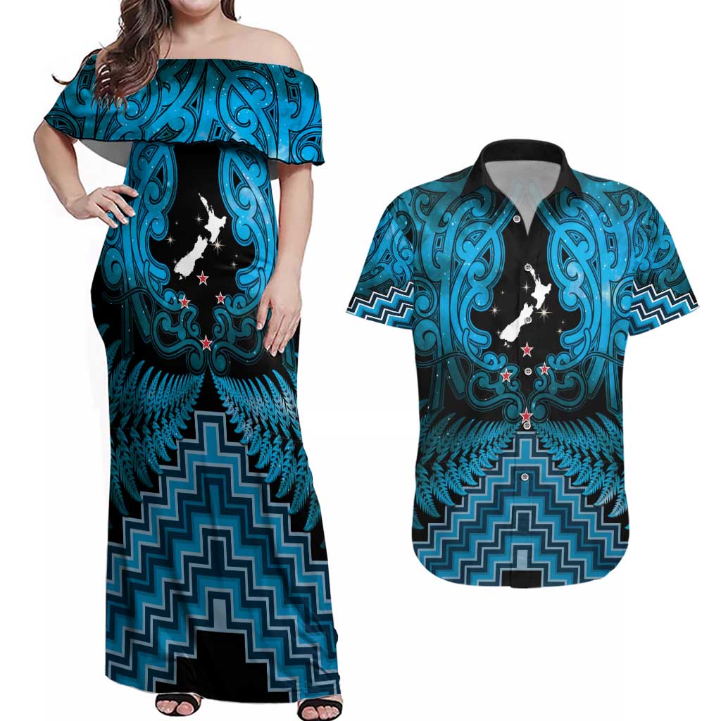 Personalised Aotearoa Matariki Couples Matching Off Shoulder Maxi Dress and Hawaiian Shirt Turquoise Fern Maori Poutama