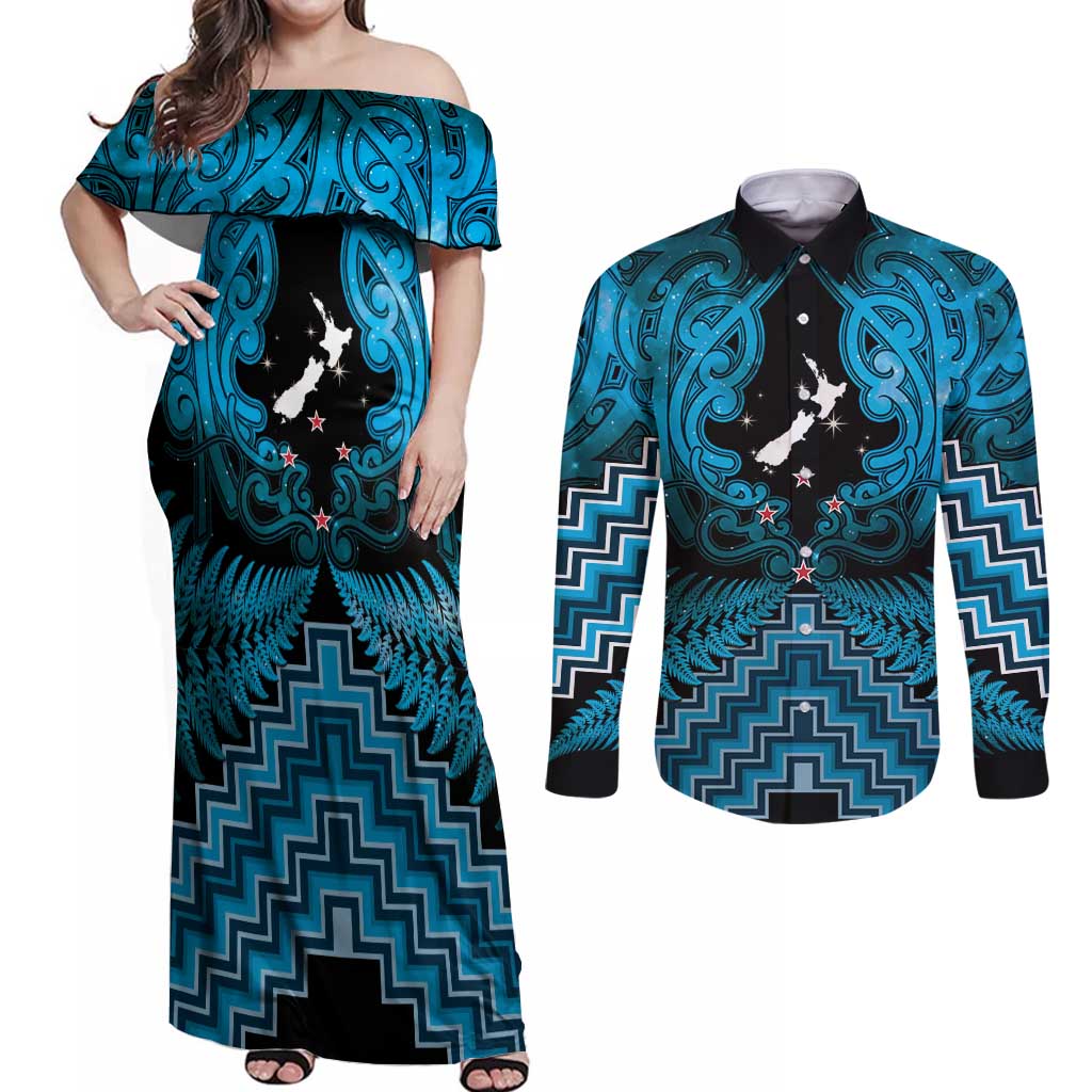 Personalised Aotearoa Matariki Couples Matching Off Shoulder Maxi Dress and Long Sleeve Button Shirt Turquoise Fern Maori Poutama