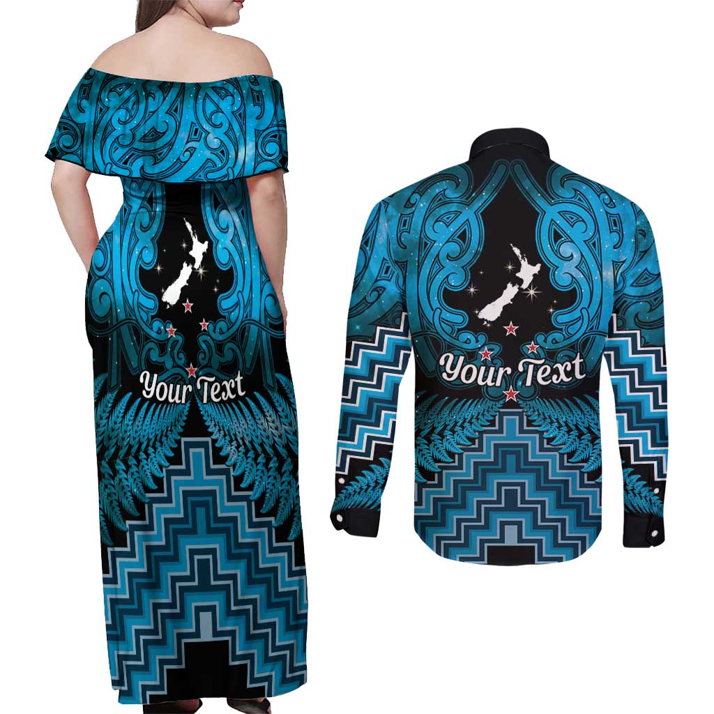 Personalised Aotearoa Matariki Couples Matching Off Shoulder Maxi Dress and Long Sleeve Button Shirt Turquoise Fern Maori Poutama