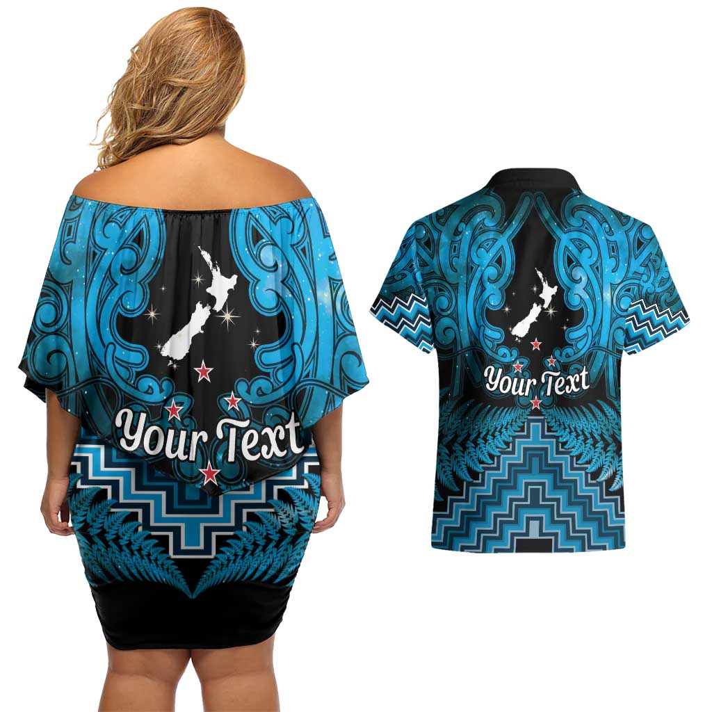 Personalised Aotearoa Matariki Couples Matching Off Shoulder Short Dress and Hawaiian Shirt Turquoise Fern Maori Poutama