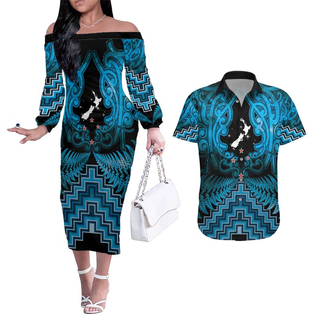 Personalised Aotearoa Matariki Couples Matching Off The Shoulder Long Sleeve Dress and Hawaiian Shirt Turquoise Fern Maori Poutama