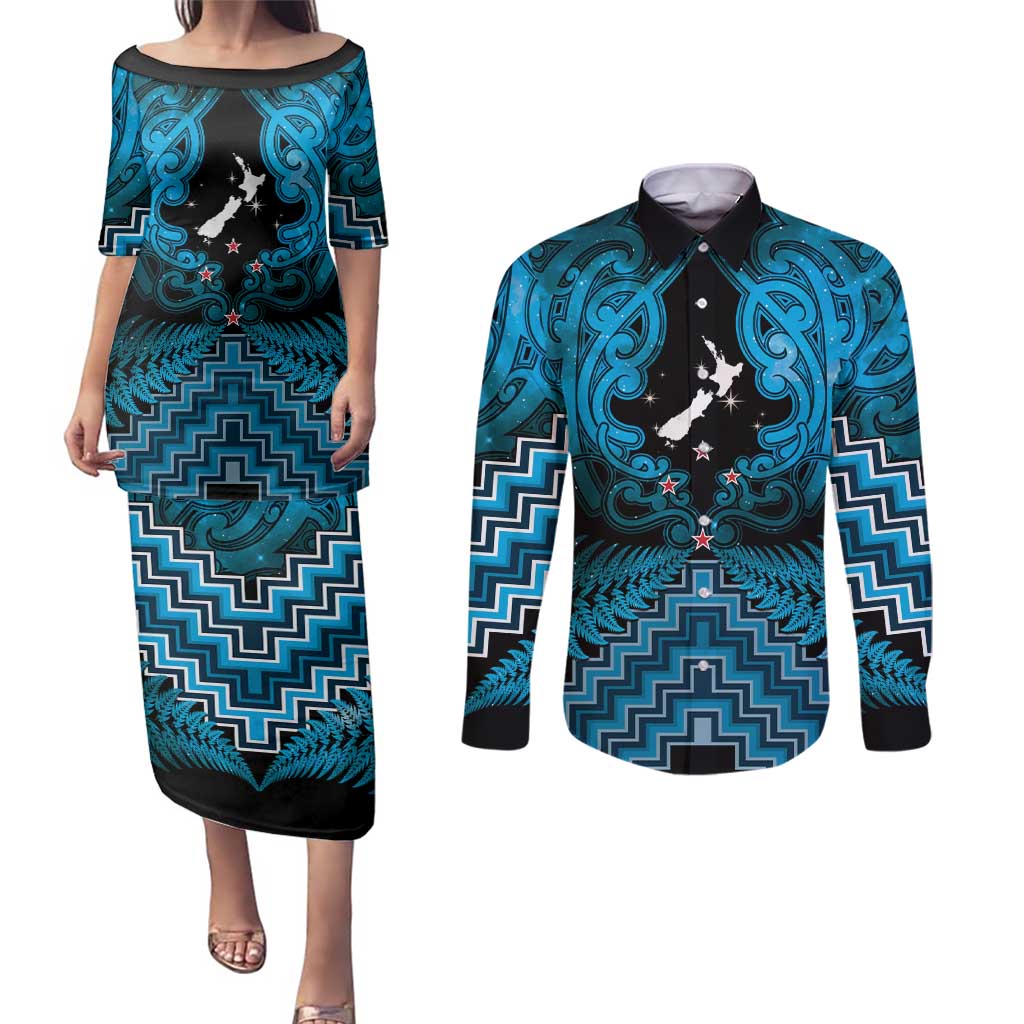 Personalised Aotearoa Matariki Couples Matching Puletasi and Long Sleeve Button Shirt Turquoise Fern Maori Poutama