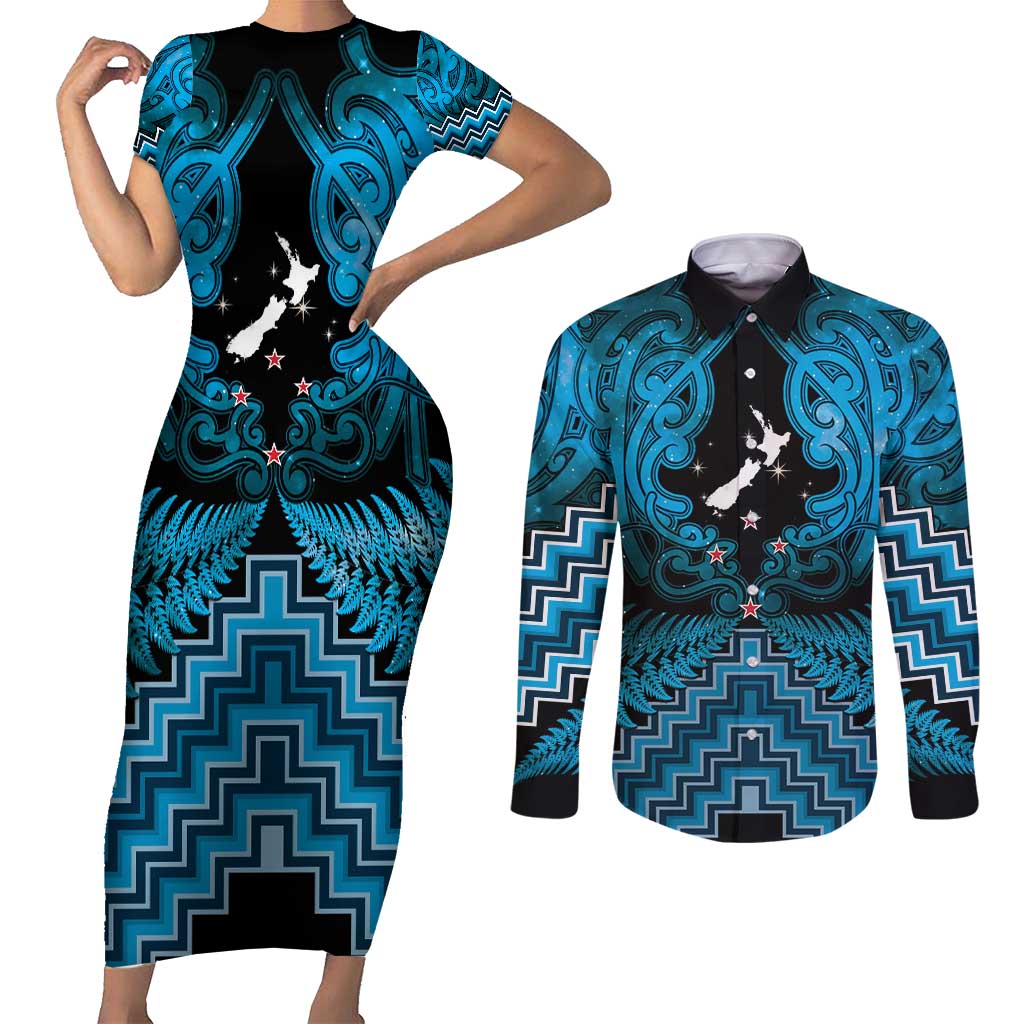 Personalised Aotearoa Matariki Couples Matching Short Sleeve Bodycon Dress and Long Sleeve Button Shirt Turquoise Fern Maori Poutama