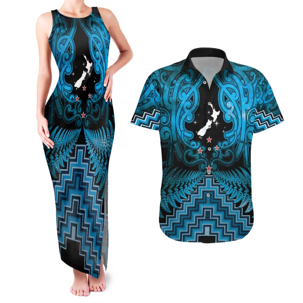 Personalised Aotearoa Matariki Couples Matching Tank Maxi Dress and Hawaiian Shirt Turquoise Fern Maori Poutama