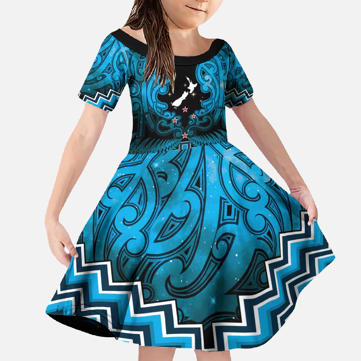 Personalised Aotearoa Matariki Family Matching Off The Shoulder Long Sleeve Dress and Hawaiian Shirt Turquoise Fern Maori Poutama