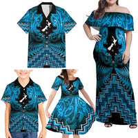 Personalised Aotearoa Matariki Family Matching Off Shoulder Maxi Dress and Hawaiian Shirt Turquoise Fern Maori Poutama