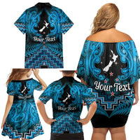 Personalised Aotearoa Matariki Family Matching Off Shoulder Short Dress and Hawaiian Shirt Turquoise Fern Maori Poutama