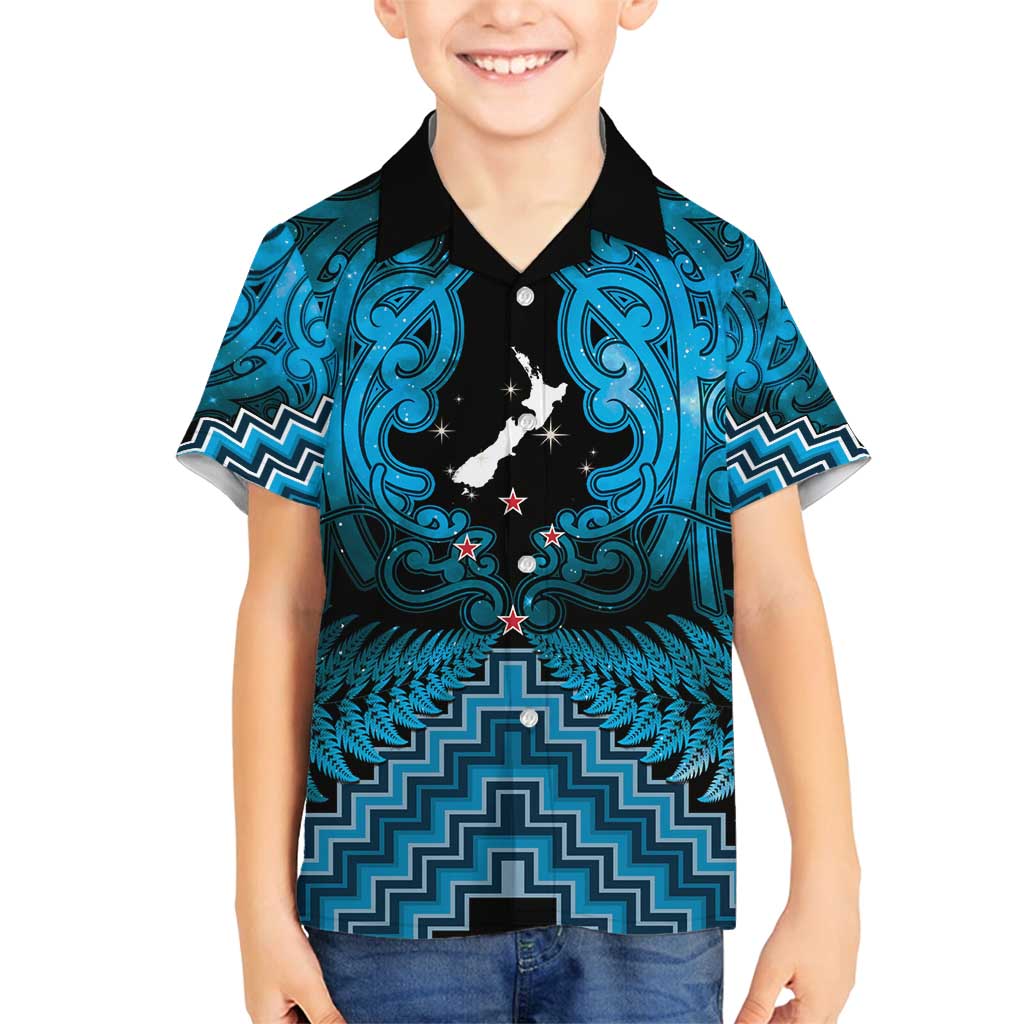 Personalised Aotearoa Matariki Family Matching Off Shoulder Short Dress and Hawaiian Shirt Turquoise Fern Maori Poutama