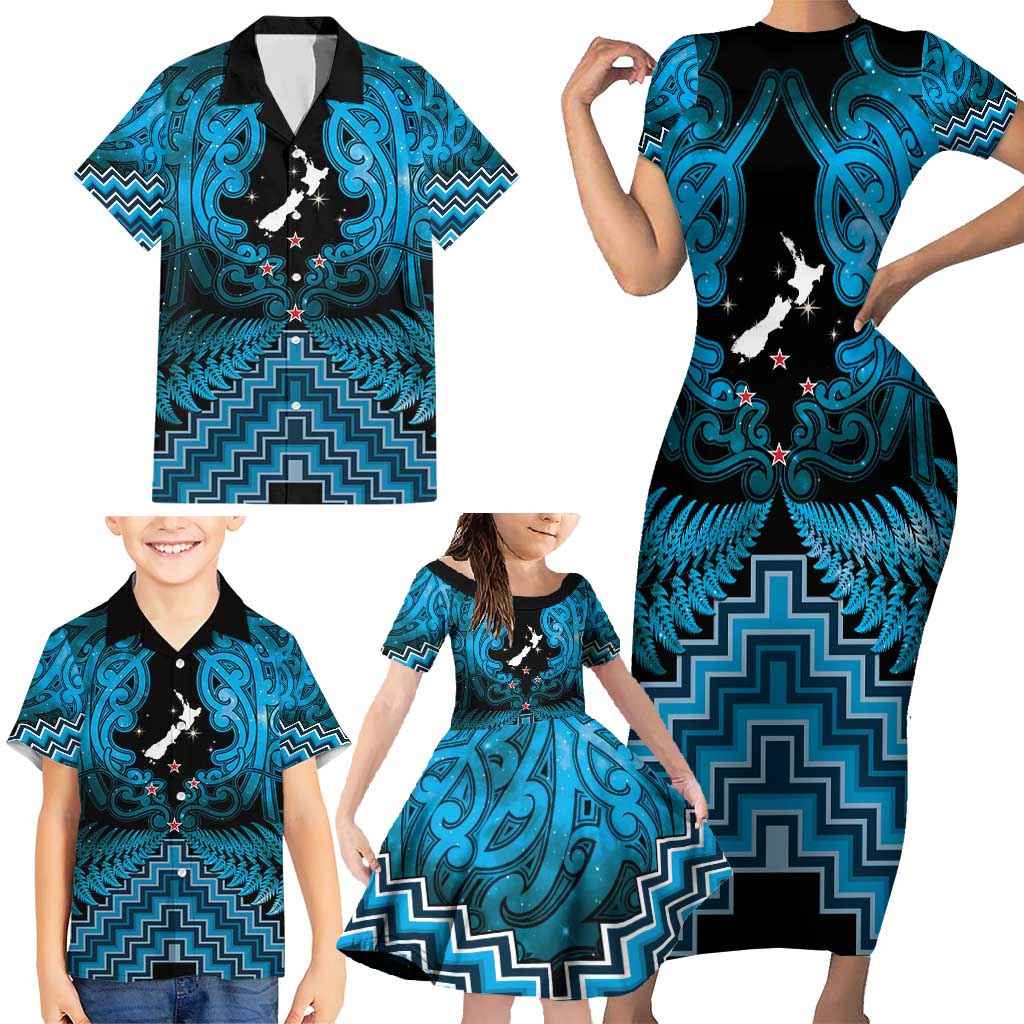 Personalised Aotearoa Matariki Family Matching Short Sleeve Bodycon Dress and Hawaiian Shirt Turquoise Fern Maori Poutama