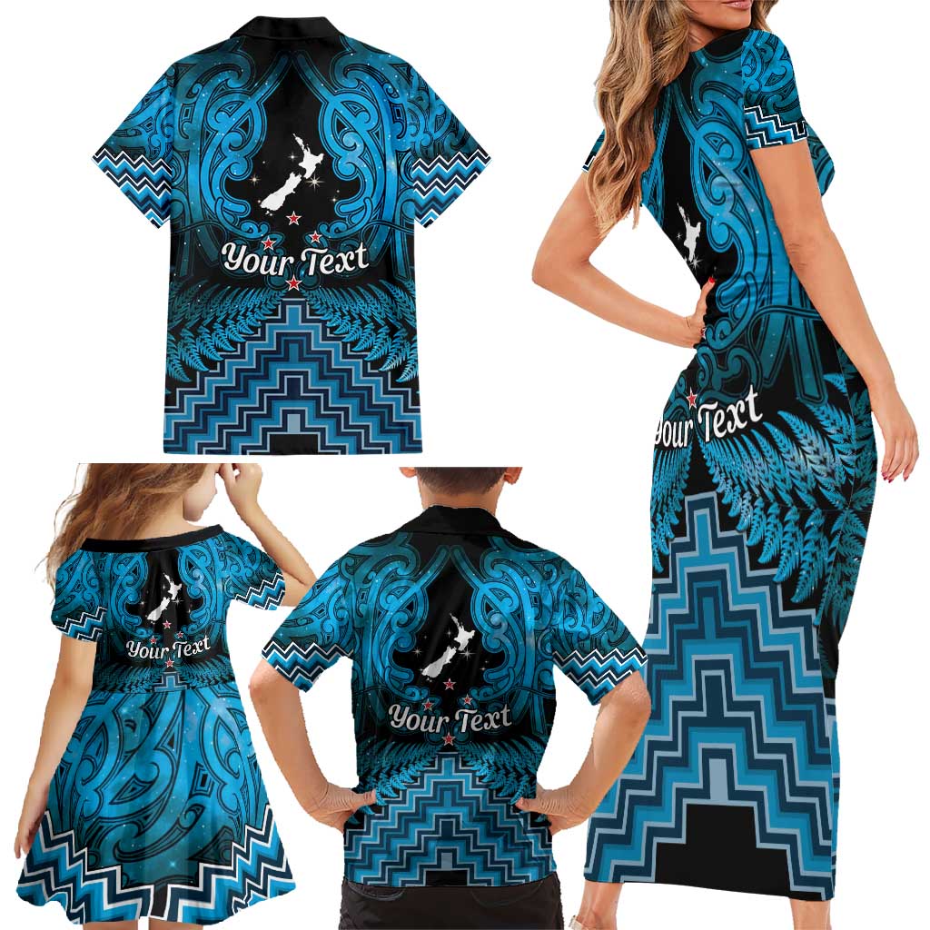 Personalised Aotearoa Matariki Family Matching Short Sleeve Bodycon Dress and Hawaiian Shirt Turquoise Fern Maori Poutama
