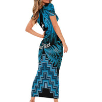 Personalised Aotearoa Matariki Family Matching Short Sleeve Bodycon Dress and Hawaiian Shirt Turquoise Fern Maori Poutama